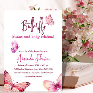 Boho Butterfly Kisses Rosa Girl Baby Shower Inbjudningar