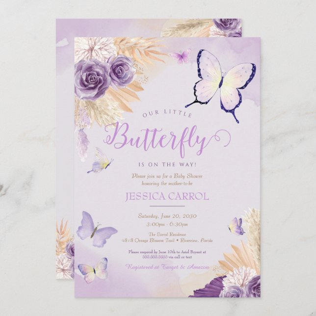 Boho Butterfly Lavender Lila Blommigt Baby Shower Inbjudningar (Fram/baksida)