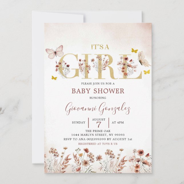 Boho Butterfly WildblomGirl Baby Shower Inbjudningar (Framsida)