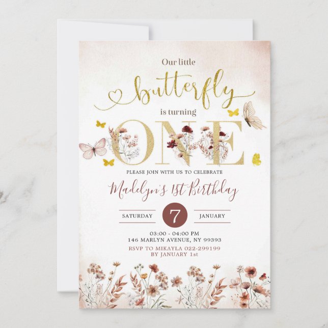 Boho Butterfly Wildbloms första födelsedag Inbjuda Inbjudningar (Framsida)
