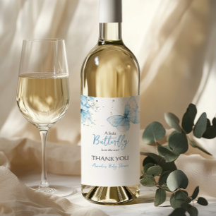 Boho Butterfly Wildflower Blommig Blå Babyfirande Vinflaska Etikett