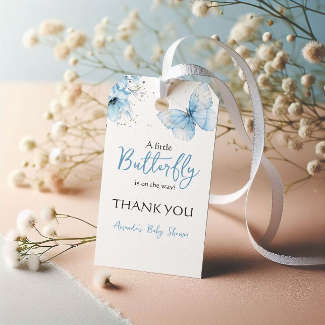Boho Butterfly Wildflower Floral Blue Baby Shower Presentetikett (Skapare uppladdad)