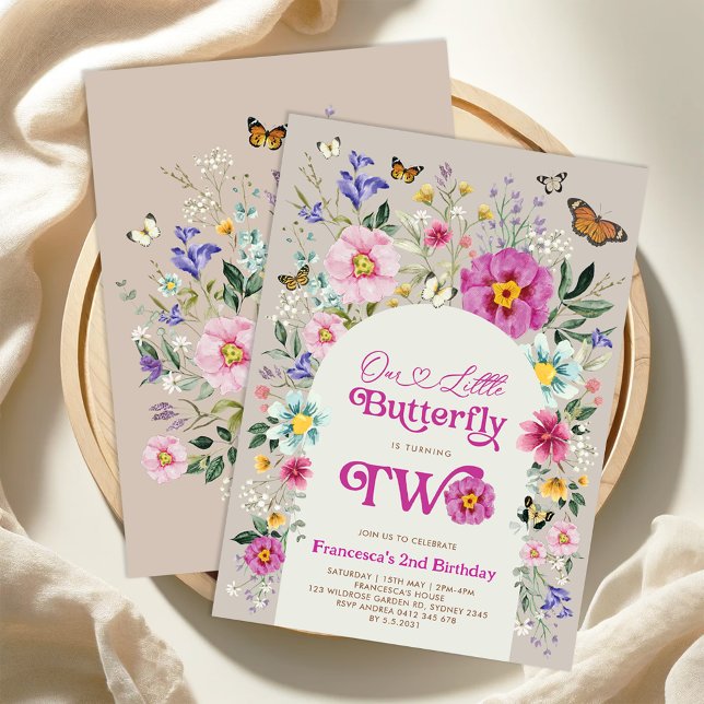 Boho Butterfly Wildfower Girl 2nd Birthday Inbjudningar (Skapare uppladdad)