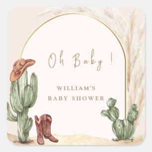 Boho Cactus Arch Desert Cowboy Baby Shower Fyrkantigt Klistermärke