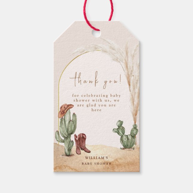 Boho Cactus Arch Desert Cowboy Baby Shower Tack Presentetikett (Framsidan)