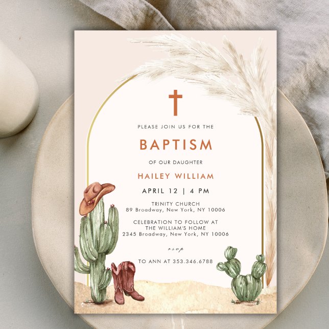 Boho Cactus Arch Desert Cowboy Kor Baptism Inbjudningar (Boho Cactus Arch Desert Cowboy Cross Baptism Invitation)