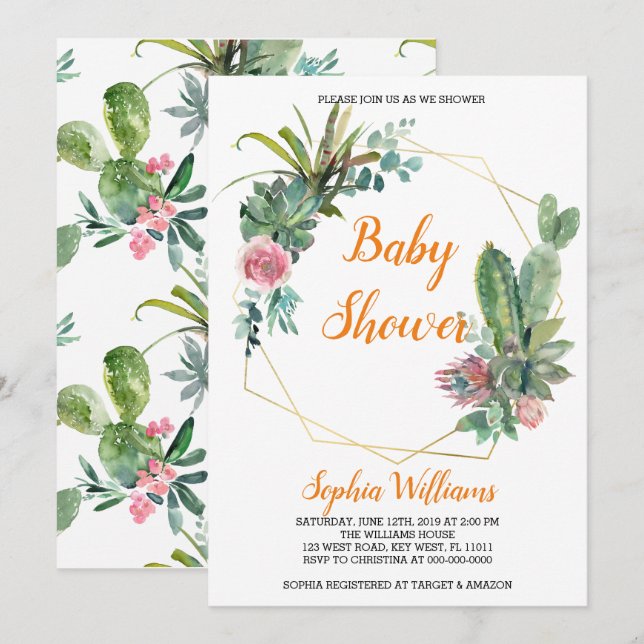 Boho Cactus Baby Shower-inbjudan Inbjudningar (Fram/baksida)