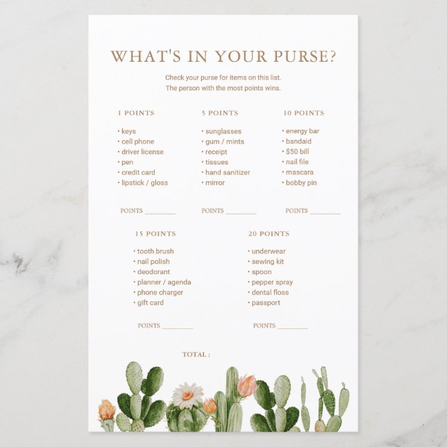 Boho Cactus Baby Shower What's in your Purse (Framsida)