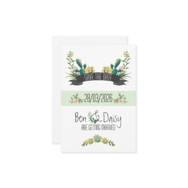 Boho Cactus Flat Save The Date Card Spara Datumet (Fram/Back In Situ)