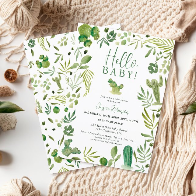 Boho cactus grönt könsneutral hej babydusch inbjudningar (Boho cactus green gender neutral hello baby shower invitation)