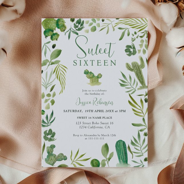 Boho cactus grönt tropical öket Sweet 16 Inbjudningar (Boho cactus green tropical desert Sweet 16 Invitation)