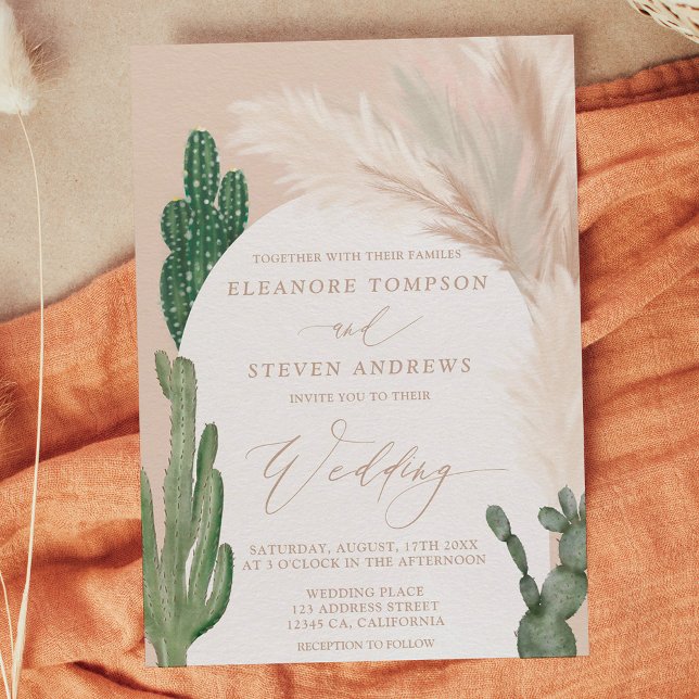 Boho cactus pampas arch beige Earth tone bröllop Inbjudningar (Boho cactus pampas arch beige earth tone wedding invitation)