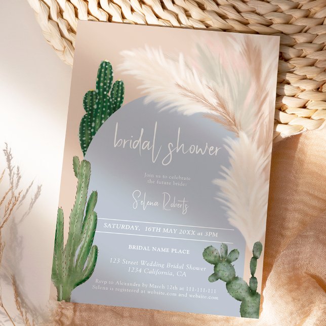Boho cactus pampas arch blue möhippa inbjudningar (Boho cactus pampas arch blue bridal shower invitation)