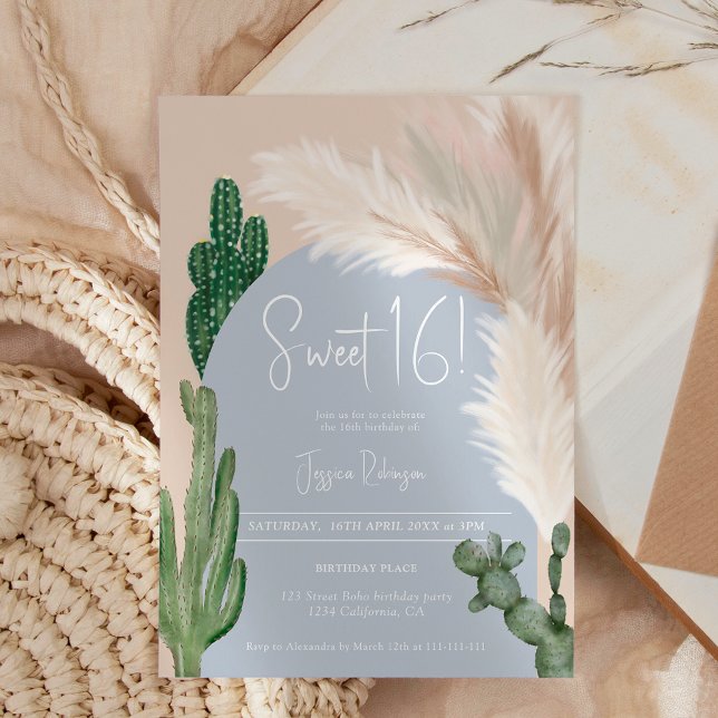Boho cactus pampas arch blue soil tone Sweet 16 Inbjudningar (Boho cactus pampas arch blue earth tone Sweet 16 Invitation)