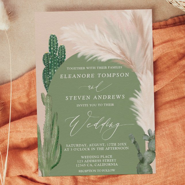 Boho cactus pampas arch grönt Earth tone bröllop Inbjudningar (Boho cactus pampas arch green earth tone wedding invitation on dark green)
