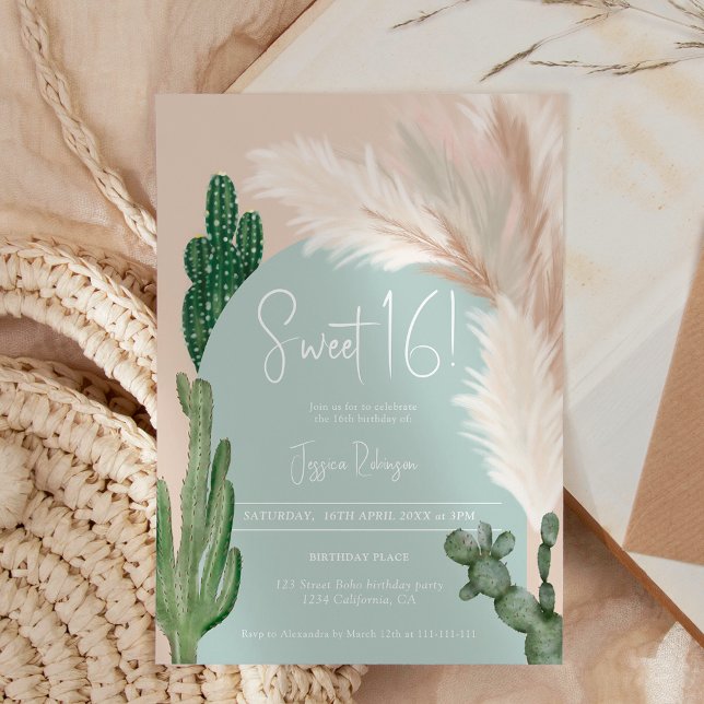 Boho cactus pampas arch grönt Earth tone Sweet 16 Inbjudningar (Boho cactus pampas arch green earth tone Sweet 16 Invitation)