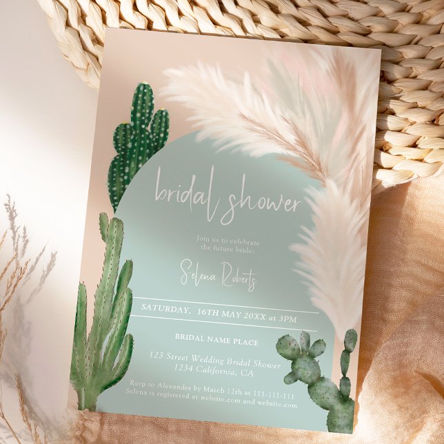 Boho cactus pampas arch grönt möhippa inbjudningar (Boho cactus pampas arch green bridal shower invitation)
