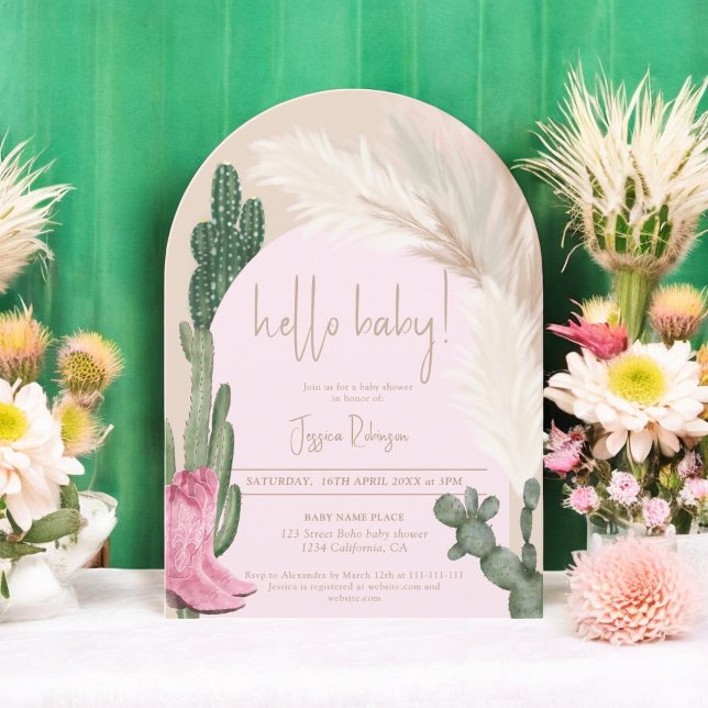 Boho cactus pampas arch hej baby dusch inbjudningar (Boho cactus pampas arch hello baby shower invitation)