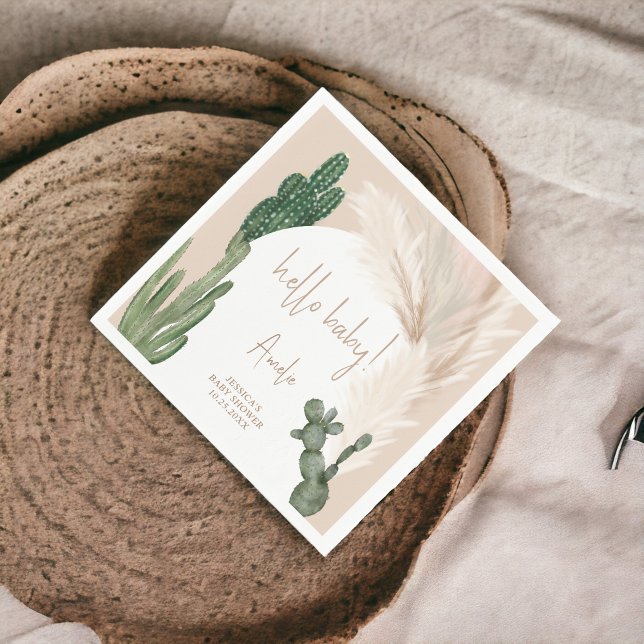 Boho cactus pampas arch hej baby dusch pappersservett (Boho cactus pampas arch hello baby shower napkins)