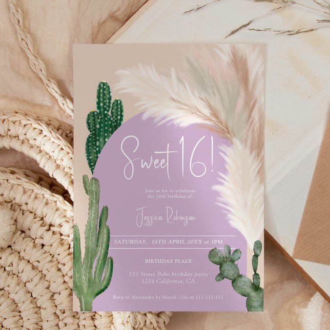Boho cactus pampas arch lila Earth tone Sweet 16 Inbjudningar (Boho cactus pampas arch purple earth tone Sweet 16 Invitation)