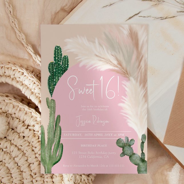 Boho cactus pampas arch rosa Earth tone Sweet 16 Inbjudningar (Boho cactus pampas arch pink earth tone Sweet 16 Invitation)