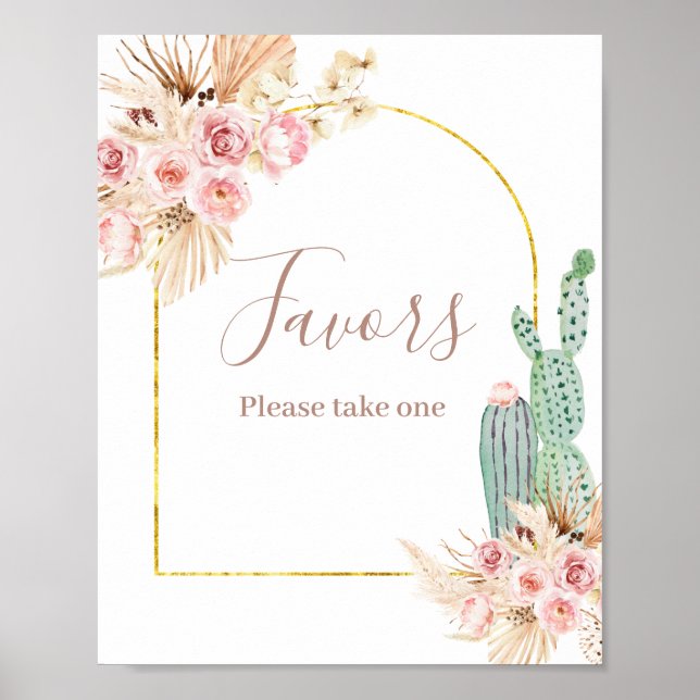 Boho Cactus Rosa Flowers Pampas Grass Favor-tecken Poster (Framsidan)