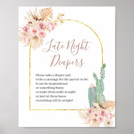 Boho Cactus Rosa Flowers Sate Night Diaper Sign Poster