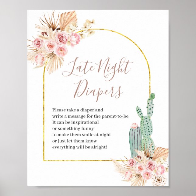 Boho Cactus Rosa Flowers Sate Night Diaper Sign Poster (Framsidan)