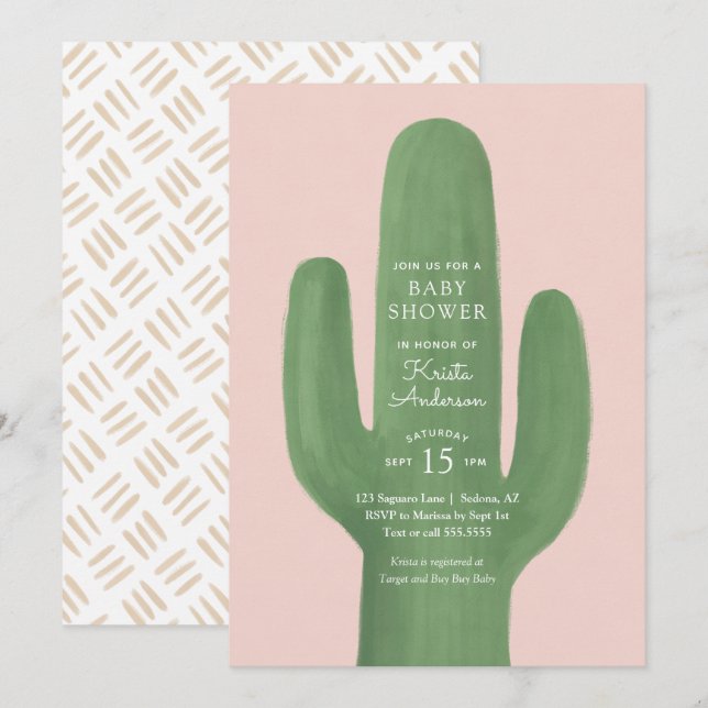 Boho Cactus Rosa Guld Baby Shower Inbjudningar (Fram/baksida)