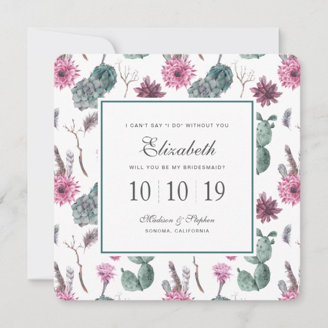 Boho Cactus, Succulent & Blommigt - Bridesmaid Inbjudningar (Framsida)