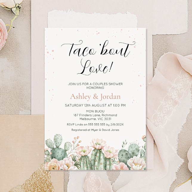 Boho  Cactus Taco Kärlek Möhippa Inbjudningar (Light Blush Floral Taco 'bout Love Couples Bridal Shower Invitation, Flowering Cactus Fiesta Theme)