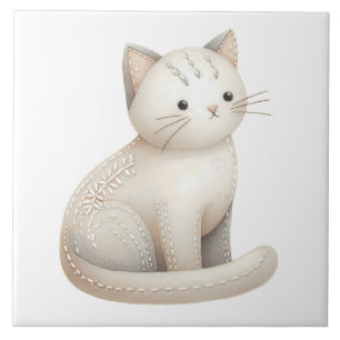 Boho Cat Ceramic Tile Embroized Beige Kattunge Kakelplatta
