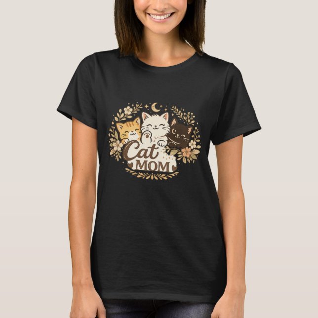 Boho Cat Mom T-Shirt | Cute Cats Floral BohT-Shirt (Framsida)