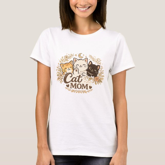 Boho Cat Mom T-Shirt | Söt katt blommig Boho T-Shi (Framsida)