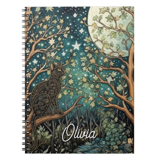 Boho cat starry night sky woodland forest anteckningsbok (Framsidan)