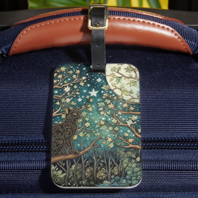 Boho cat starry night sky woodland forest bagagebricka (Framsida Insitu 2)