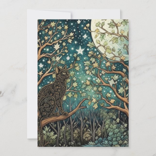 Boho cat starry night sky woodland forest inbjudningar (Framsida)