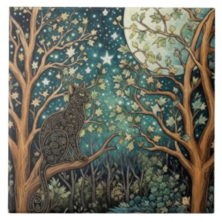 Boho cat starry night sky woodland forest kakelplatta