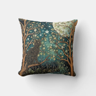 Boho cat starry night sky woodland forest kudde
