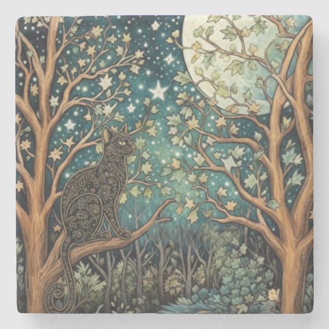 Boho cat starry night sky woodland forest stenunderlägg (Framsidan)