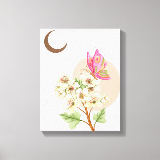 Boho Celestial Akvarell Fjäril & Vita Blommor Canvastryck