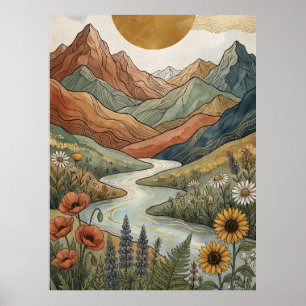 Boho Celestial Berg Guld Flod Solros Poster
