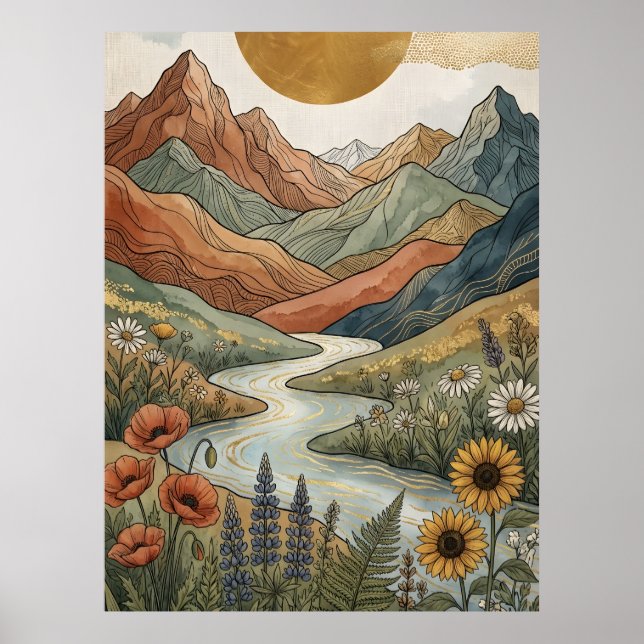 Boho Celestial Berg Guld Flod Solros Poster (Framsidan)