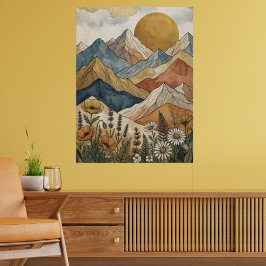 Boho Celestial Berg Vildblomma Sol Poster