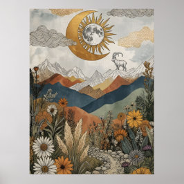 Boho Celestial Bergsget Eclipse Måne Poster