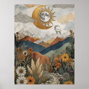 Boho Celestial Bergsget Eclipse Måne Poster
