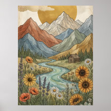 Boho Celestial Bergstuga Flod Solros