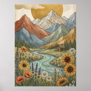 Boho Celestial Bergstuga Flod Solros Poster