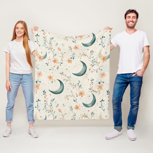 Boho Celestial Blommig Månmönster (1) Fleecefilt (På plats)