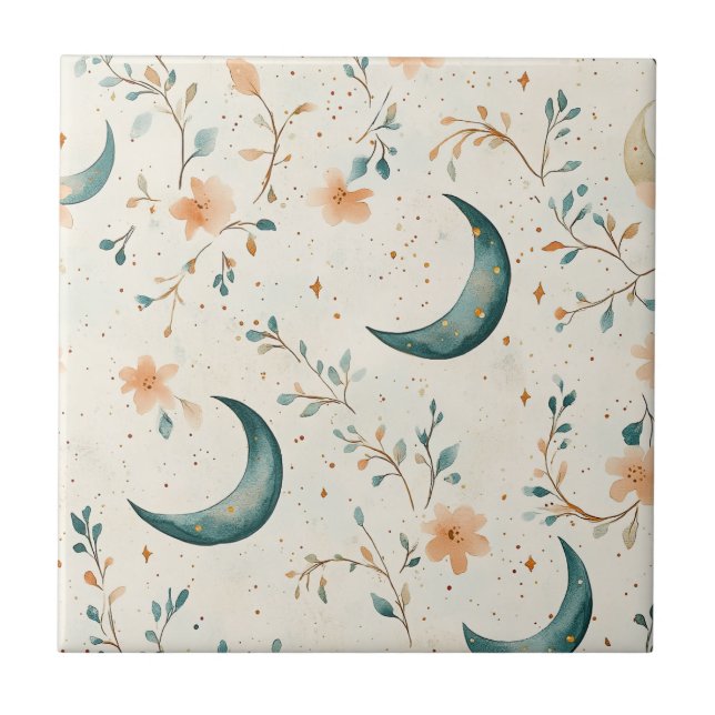 Boho Celestial Blommig Månmönster (1) Kakelplatta (Framsidan)